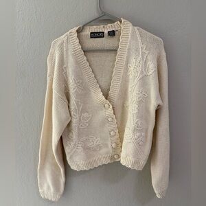 Vintage HONORS Cream Embroidered Knit Button Cardigan Size S